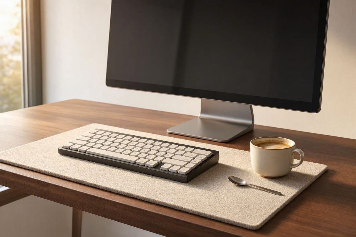 A sleek, quiet mechanical keyboard sitting on an acoustic desk mat in a modern home office