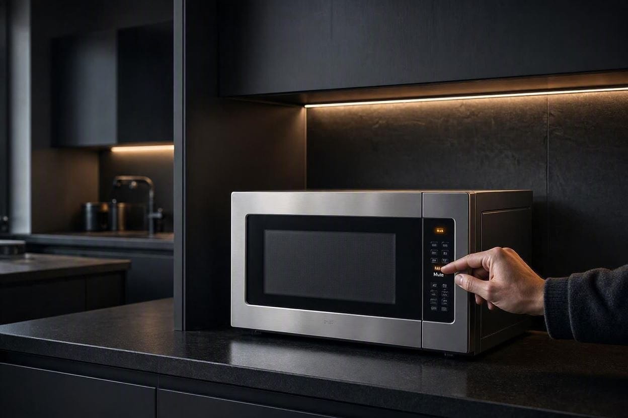 A sleek, quiet microwave with a dedicated mute button in a modern, dimly lit kitchen at night