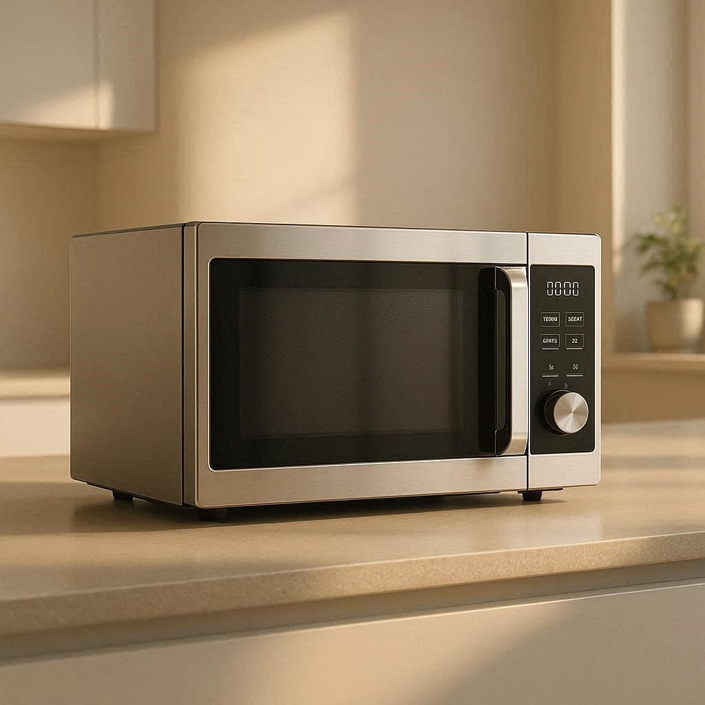 A sleek, modern quiet microwave sitting on a counter in a peaceful, sunlit kitchen.