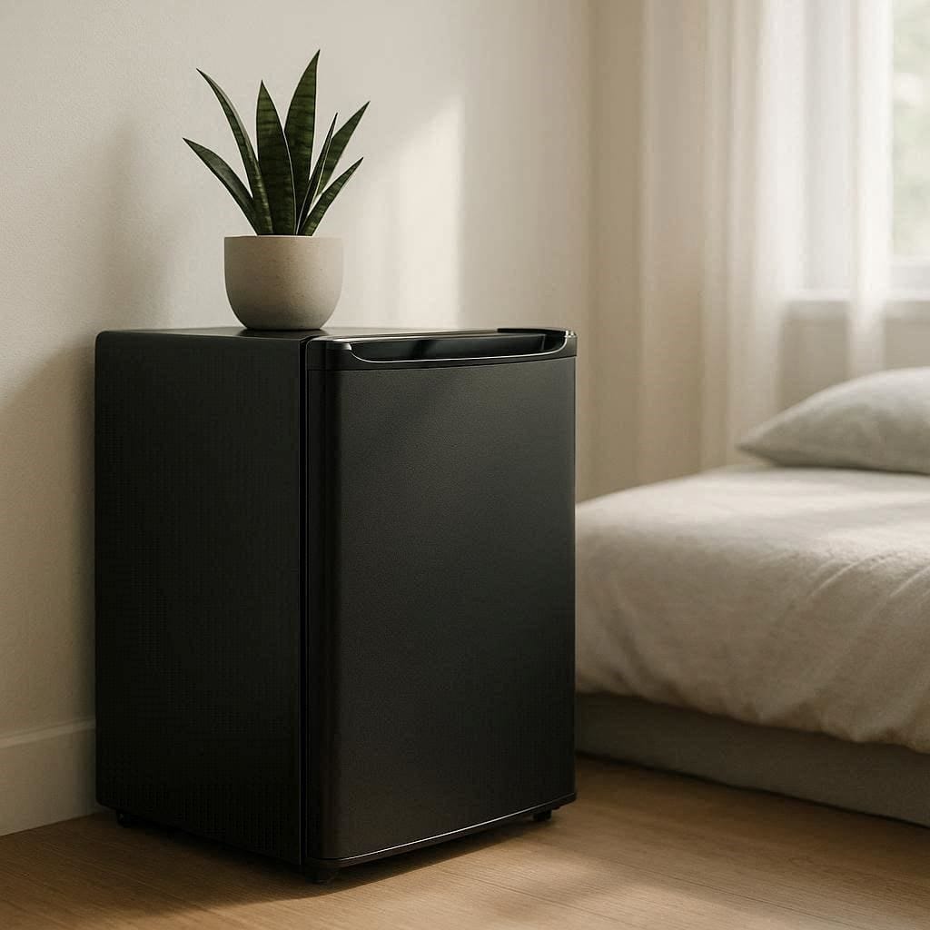 A sleek matte-black Midea quiet mini fridge sitting subtly in a modern, tranquil, silent bedroom setting