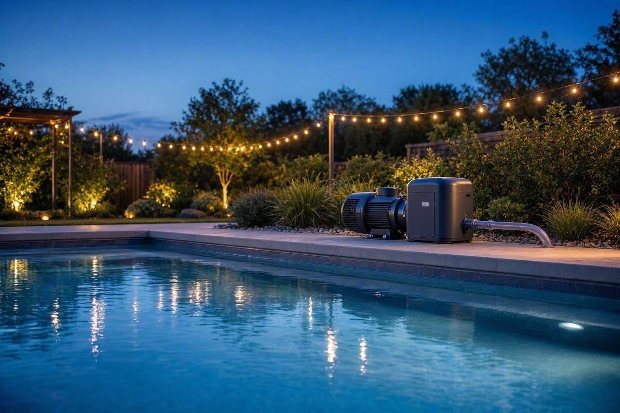 A sleek, ultra-quiet variable speed pool pump installed in a tranquil backyard oasis