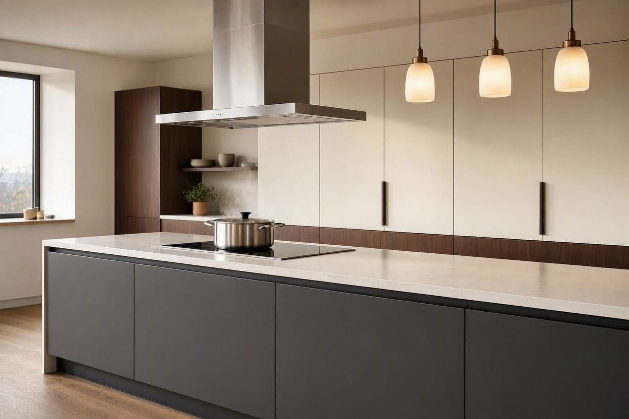 A sleek, modern quiet range hood installed in a peaceful luxury kitchen