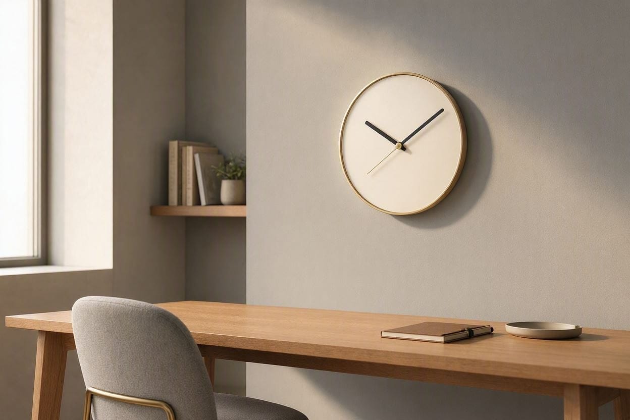 A sleek, silent continuous sweep wall clock hanging in a quiet, peaceful bedroom