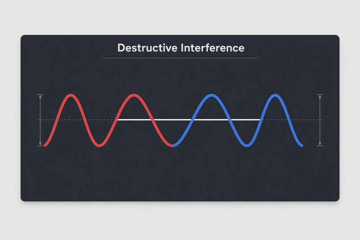 Diagram showing destructive interference where an anti-noise wave cancels out an incoming sound wave