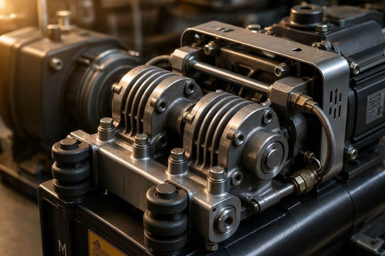 Close up of a low-RPM dual-piston motor that makes an air compressor quiet