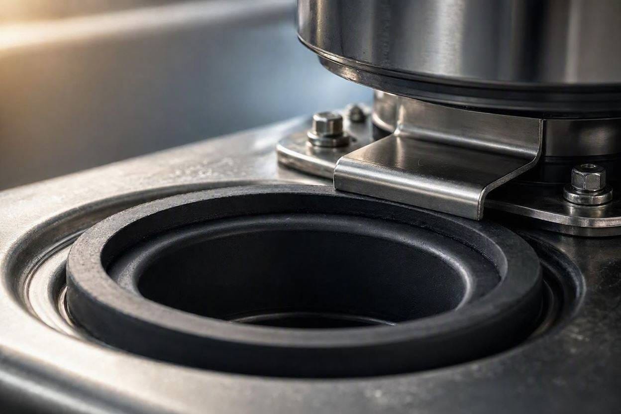 Close up of a rubber anti-vibration mount that keeps a garbage disposal quiet