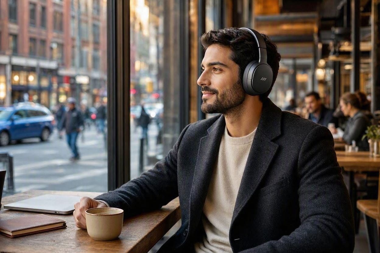 A person wearing premium active noise-canceling headphones in a busy cafe to block out background noise