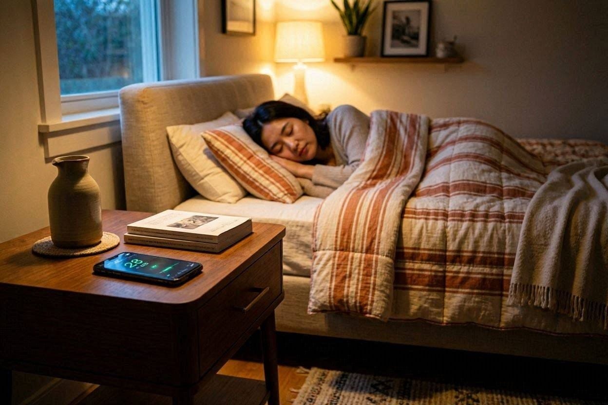 A quiet bedroom at night with a decibel meter app showing a sleep-safe noise reading