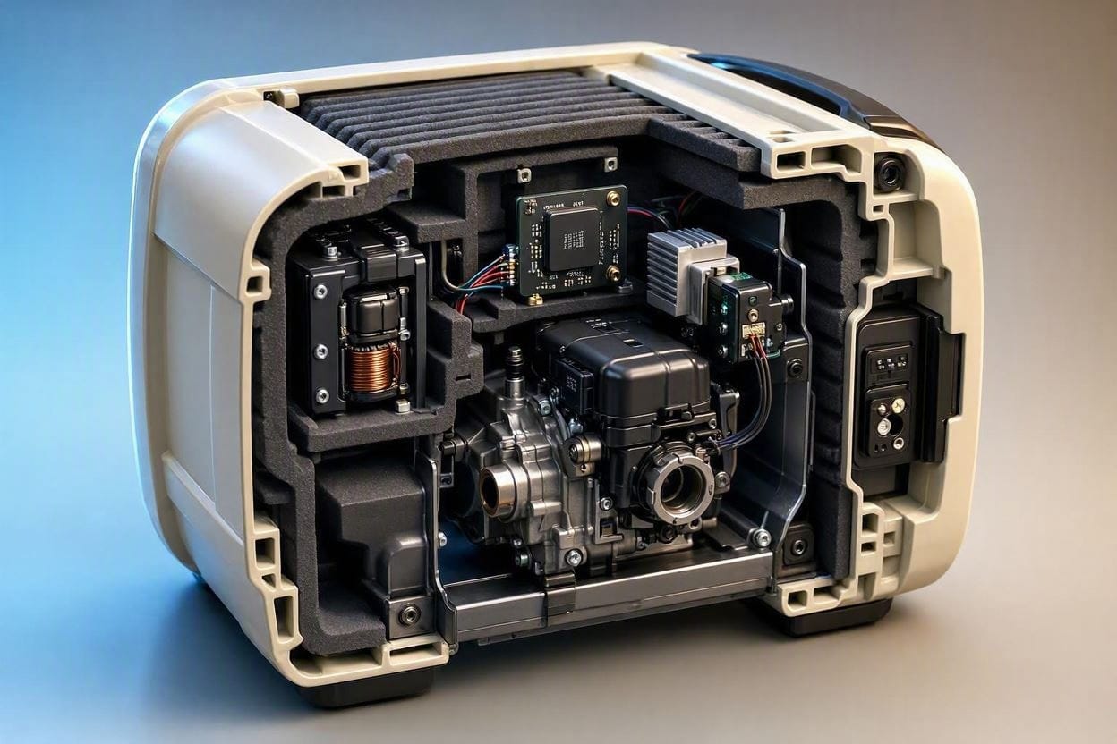 Diagram showing the acoustic insulation and smart throttle technology inside a quiet inverter generator