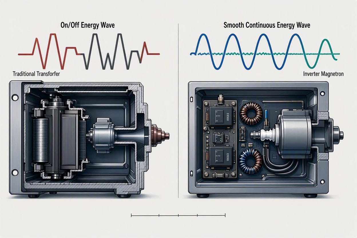 A diagram showing the acoustic difference between a loud traditional microwave and a smooth, quiet inverter microwave