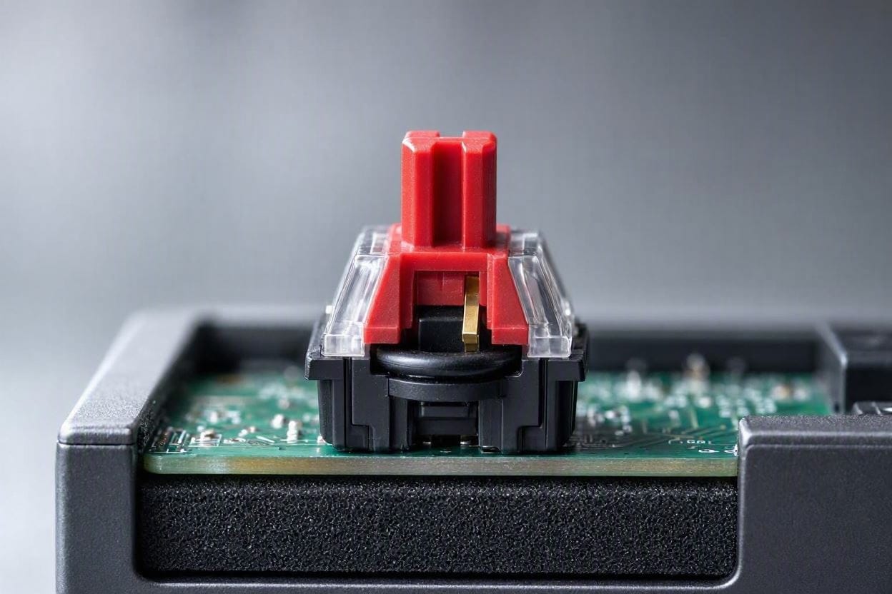 Diagram showing the acoustic foam layers and silenced switches inside a quiet mechanical keyboard