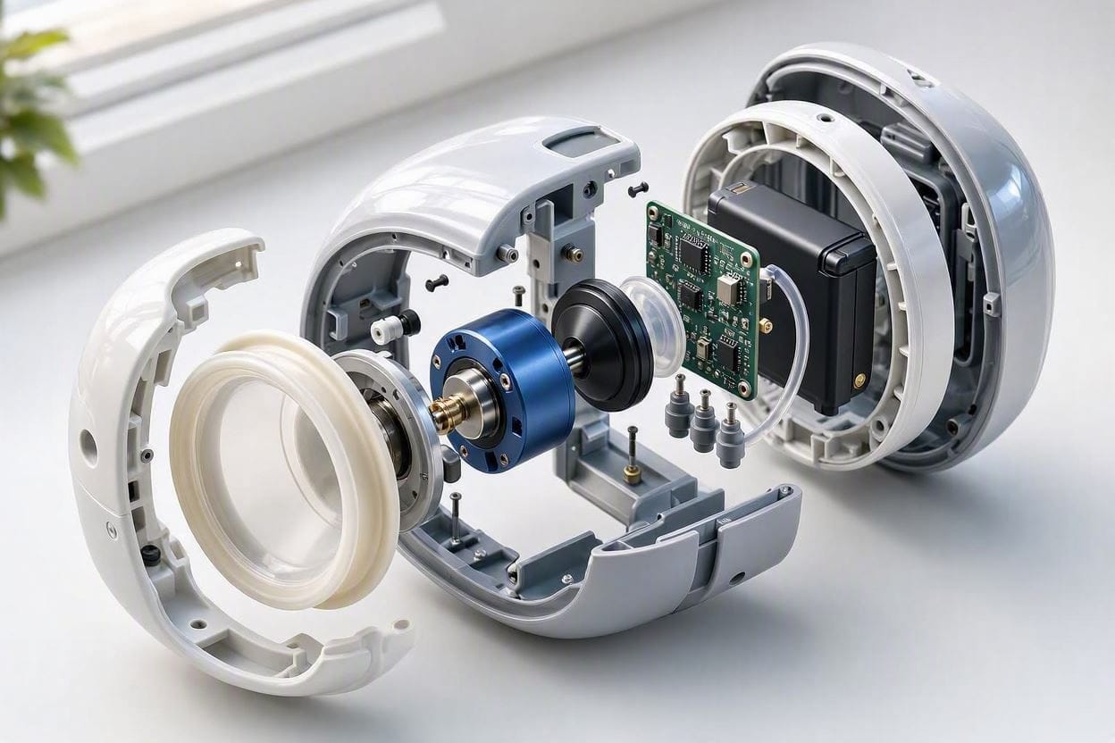 Diagram showing the silent piezoelectric motor technology inside a modern wearable breast pump