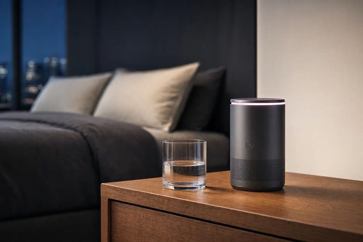 A modern pink noise sound machine glowing softly on a bedroom nightstand at night