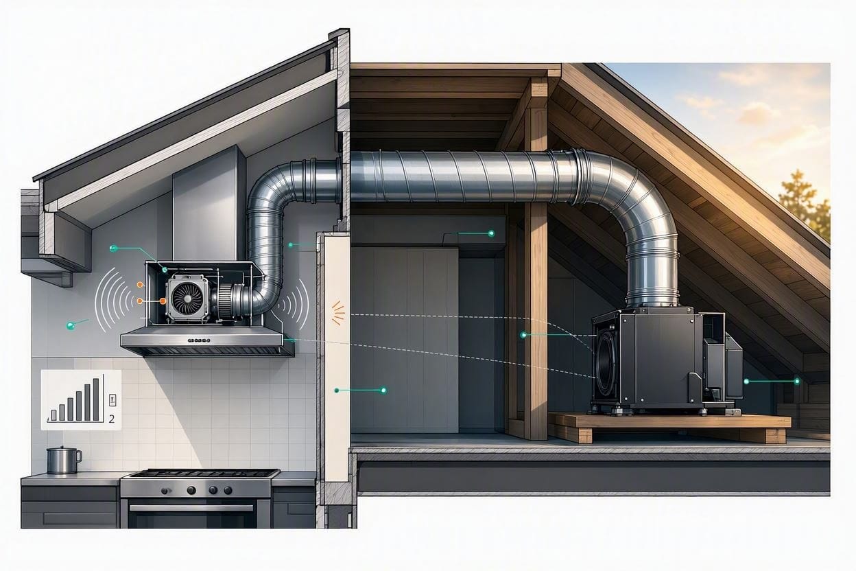 Diagram showing how remote blowers and wide ducting make a range hood whisper quiet