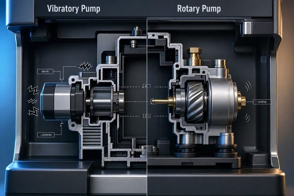 Diagram showing the acoustic differences between a loud vibratory pump and a quiet rotary pump in an espresso machine