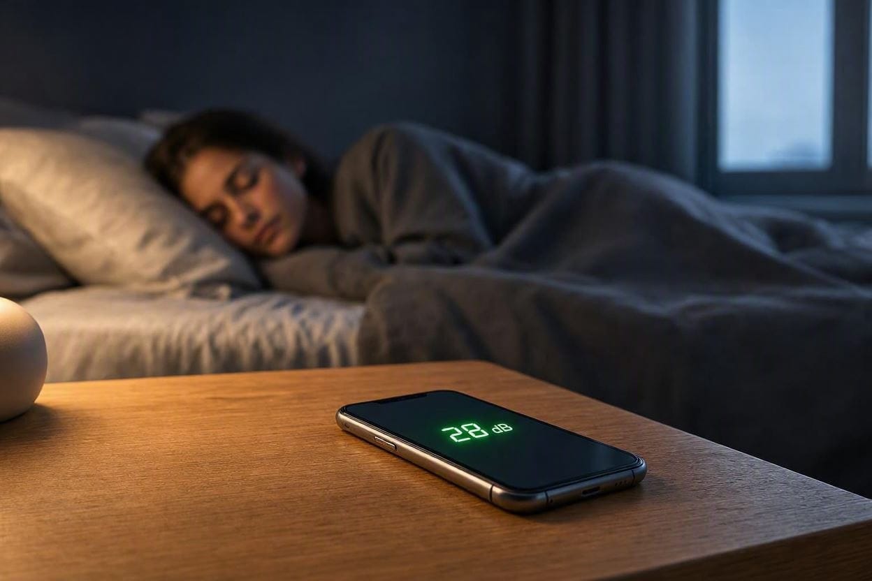 A decibel meter app on a nightstand showing a safe 28 dB reading in a quiet bedroom