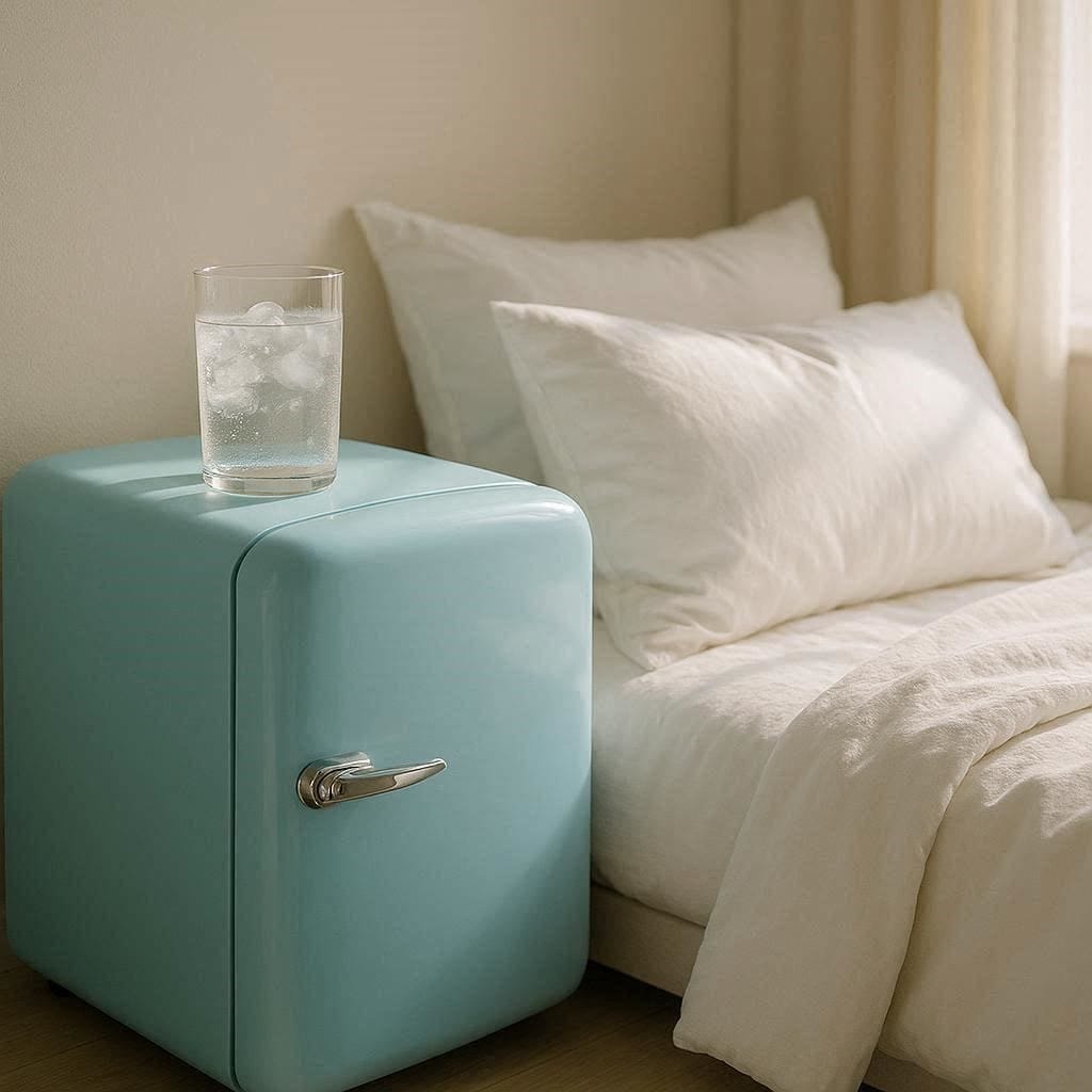 A retro pastel quiet mini fridge used as a bedside table in a peaceful, silent bedroom