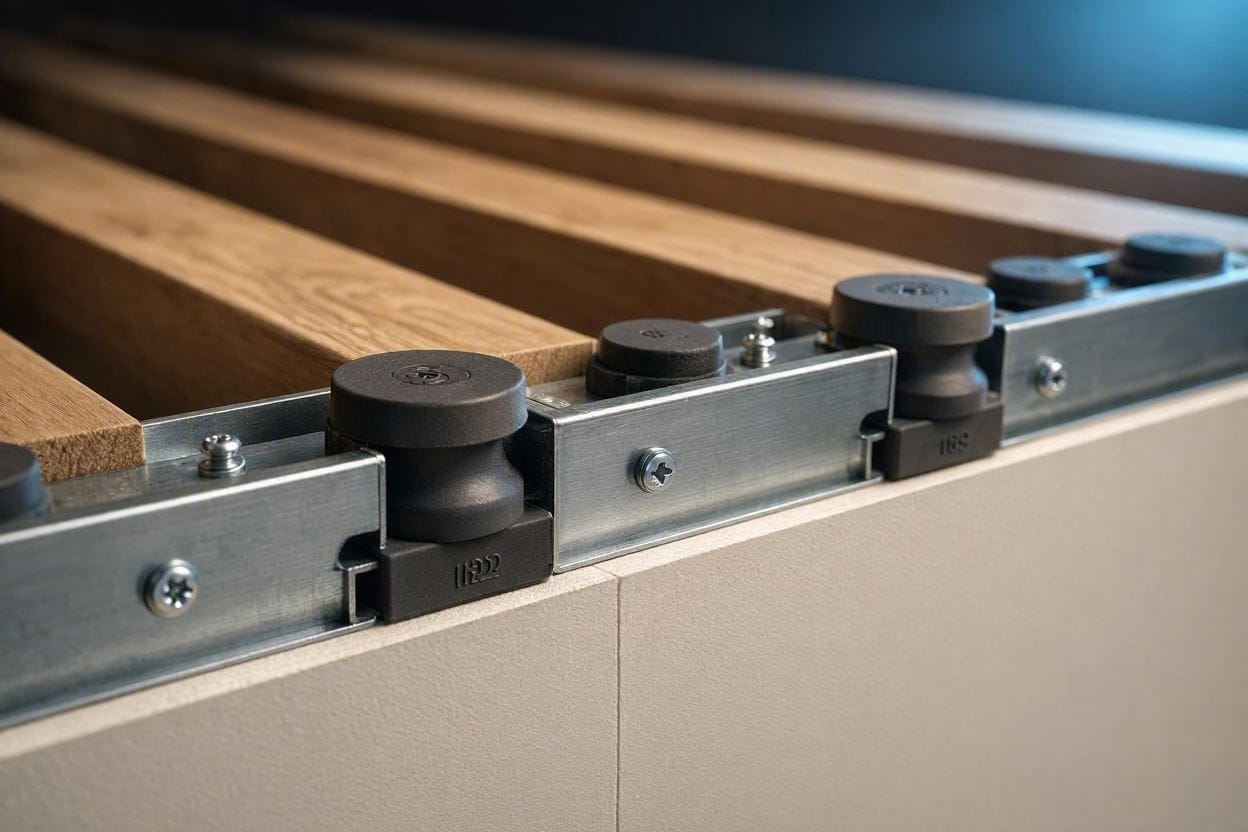 Structural diagram showing resilient clips decoupling a ceiling to block impact noise from heavy footsteps
