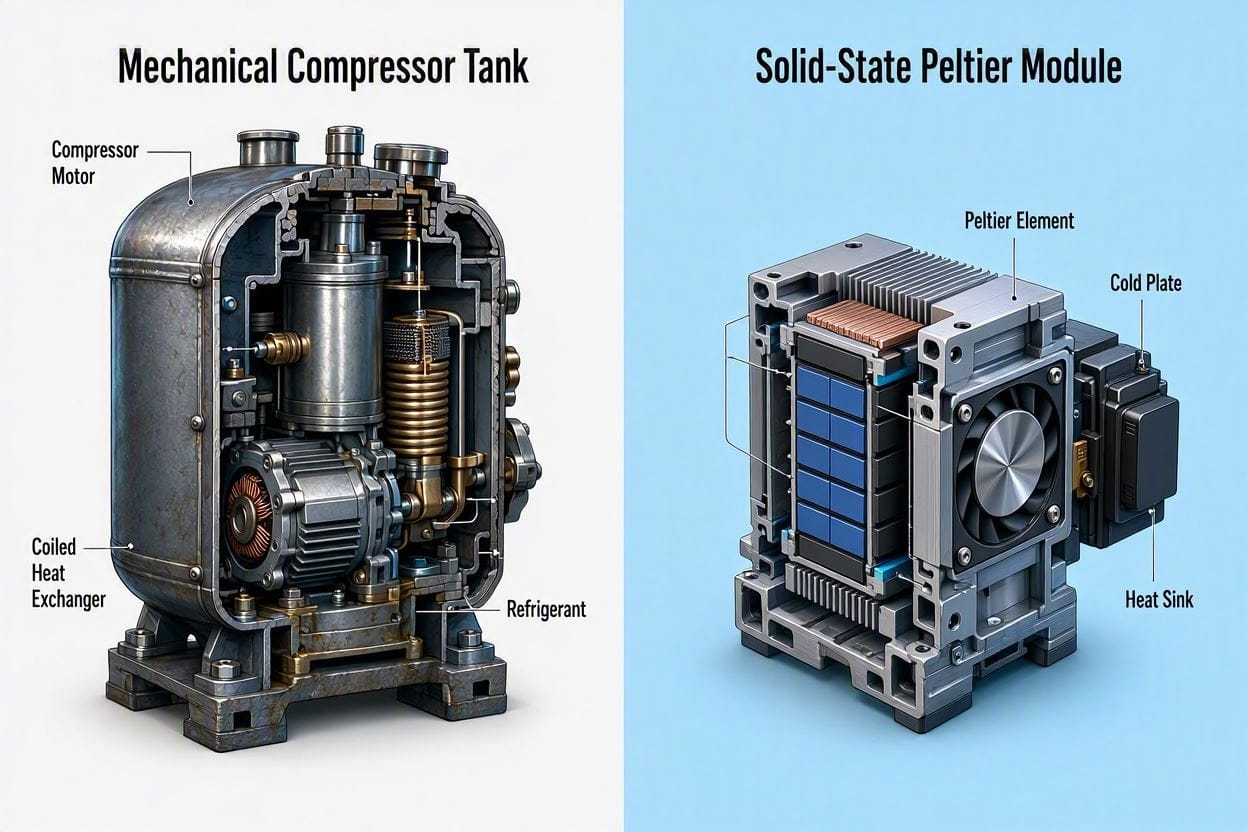 Scientific diagram showing the acoustic differences between a noisy compressor and a silent thermoelectric dehumidifier