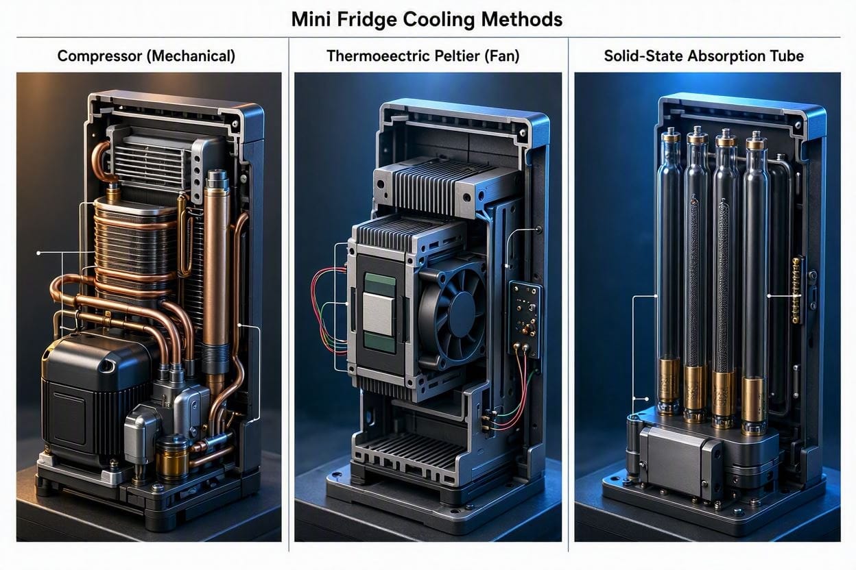 Diagram showing the acoustic differences between compressor, thermoelectric, and absorption mini fridges