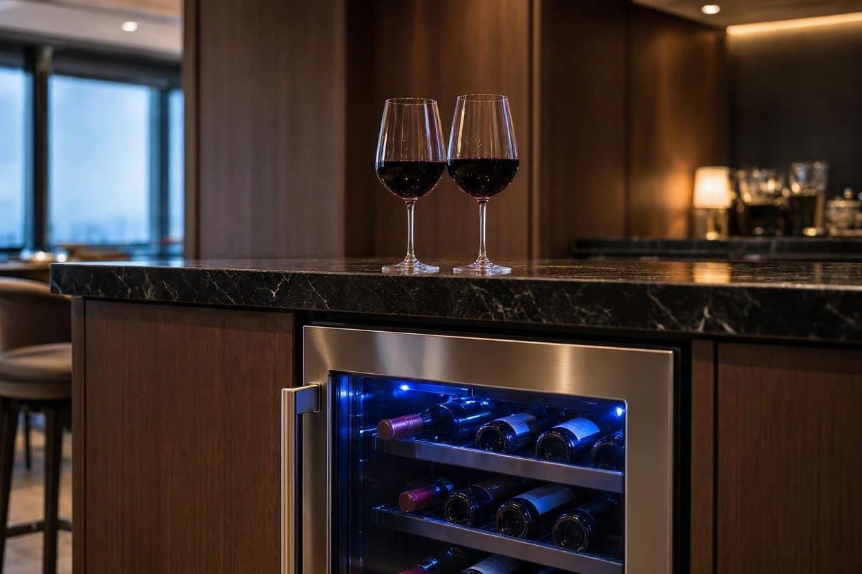 A sleek, ultra-quiet wine cooler glowing under a counter in a luxurious home bar