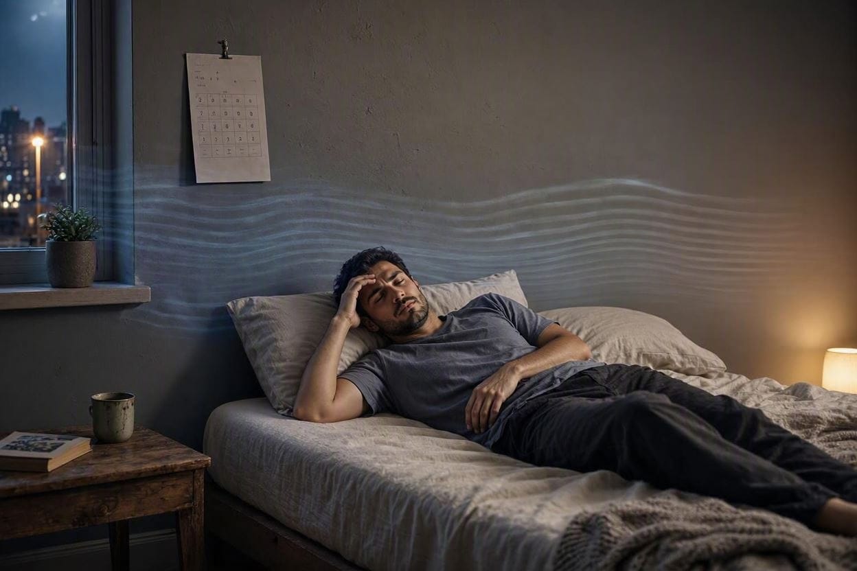 An exhausted person lying awake in bed, disturbed by low-frequency noise pollution in an apartment