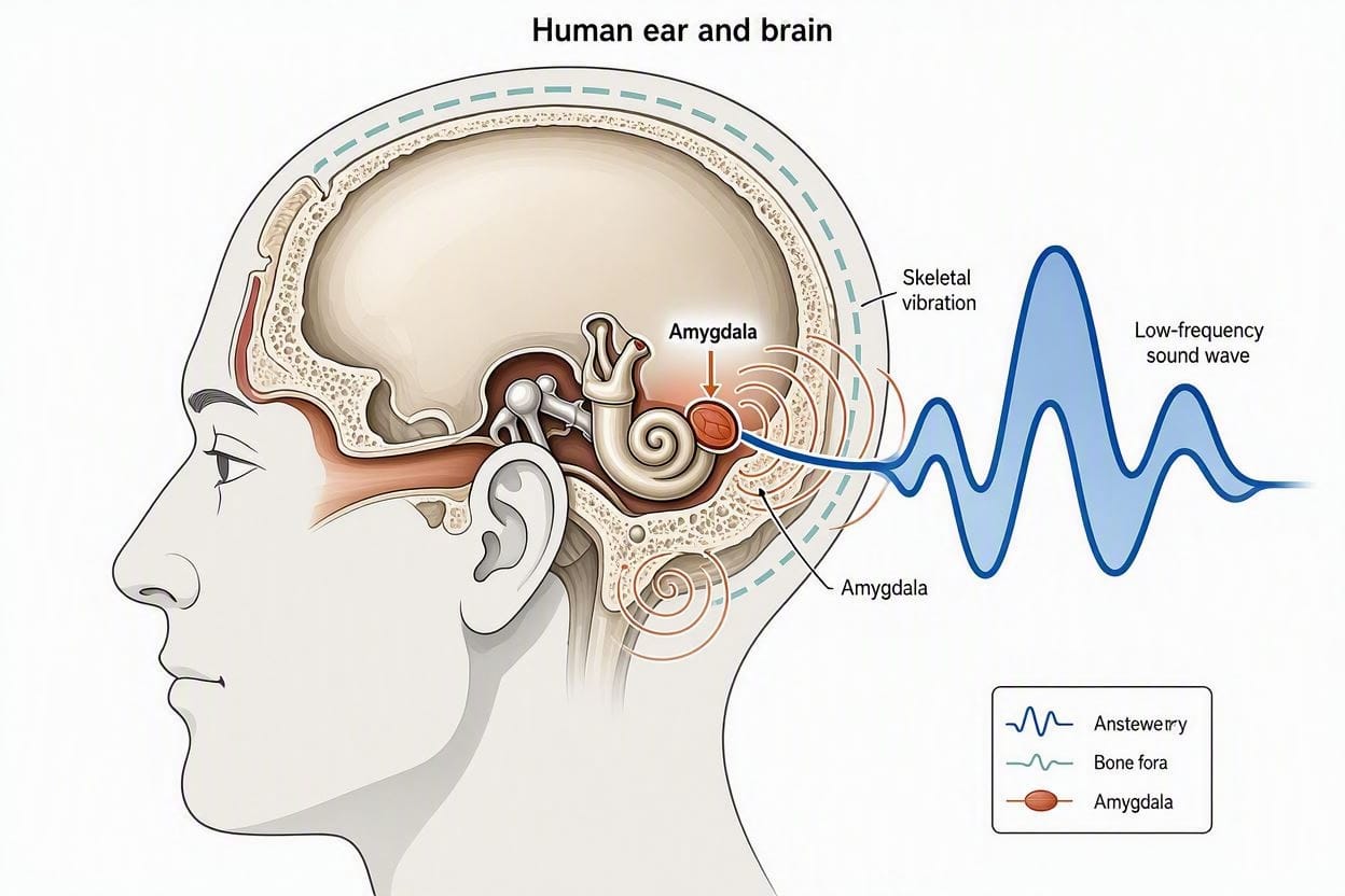 A scientific diagram showing how low-frequency noise vibrations trigger stress responses in the human brain