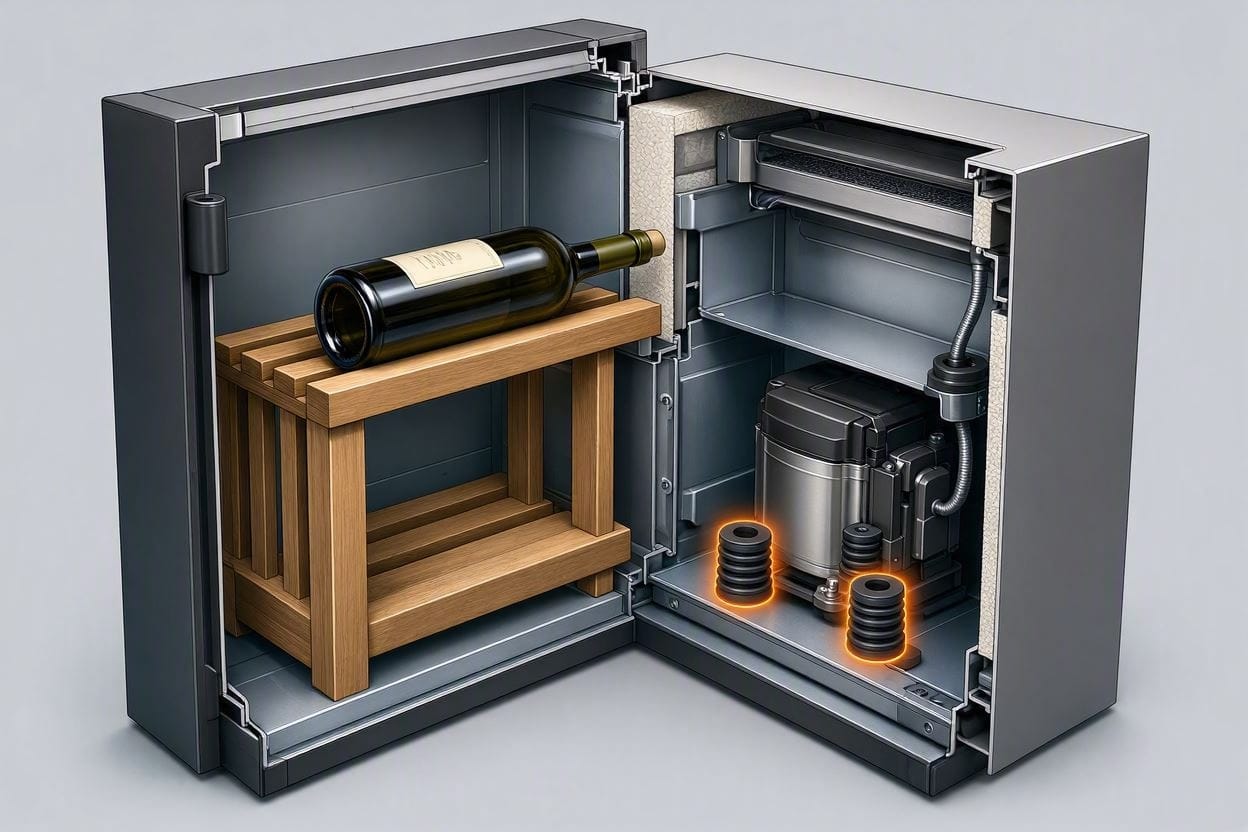 Diagram showing rubber anti-vibration mounts protecting wine bottles from a noisy compressor