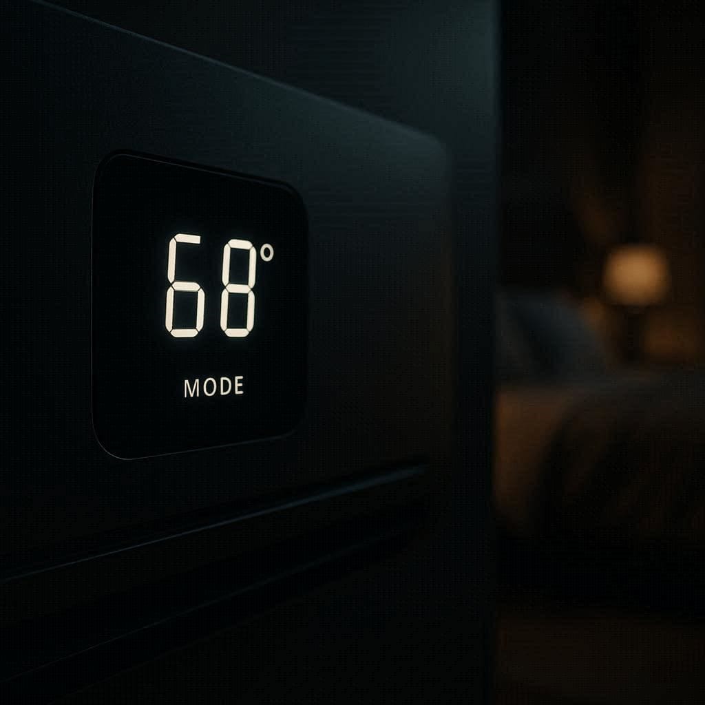 A close-up of a digital AC thermostat glowing softly in a dim room.