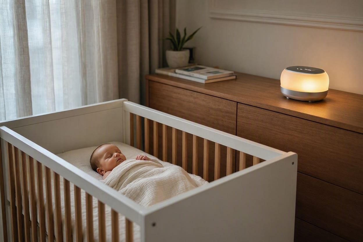 A peaceful nursery showing a baby sleeping soundly with an acoustic masking sound machine