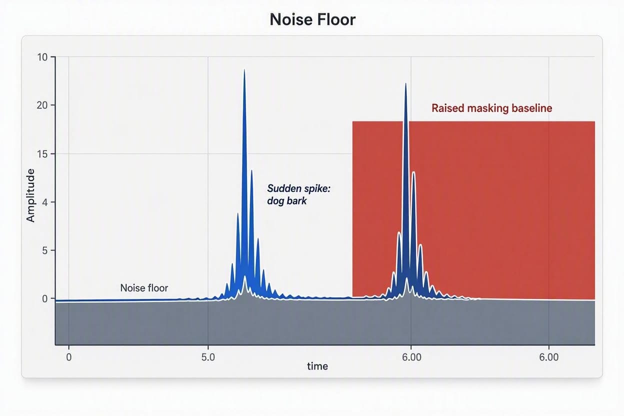 A scientific diagram showing how acoustic masking raises the noise floor to hide sudden, jarring sounds