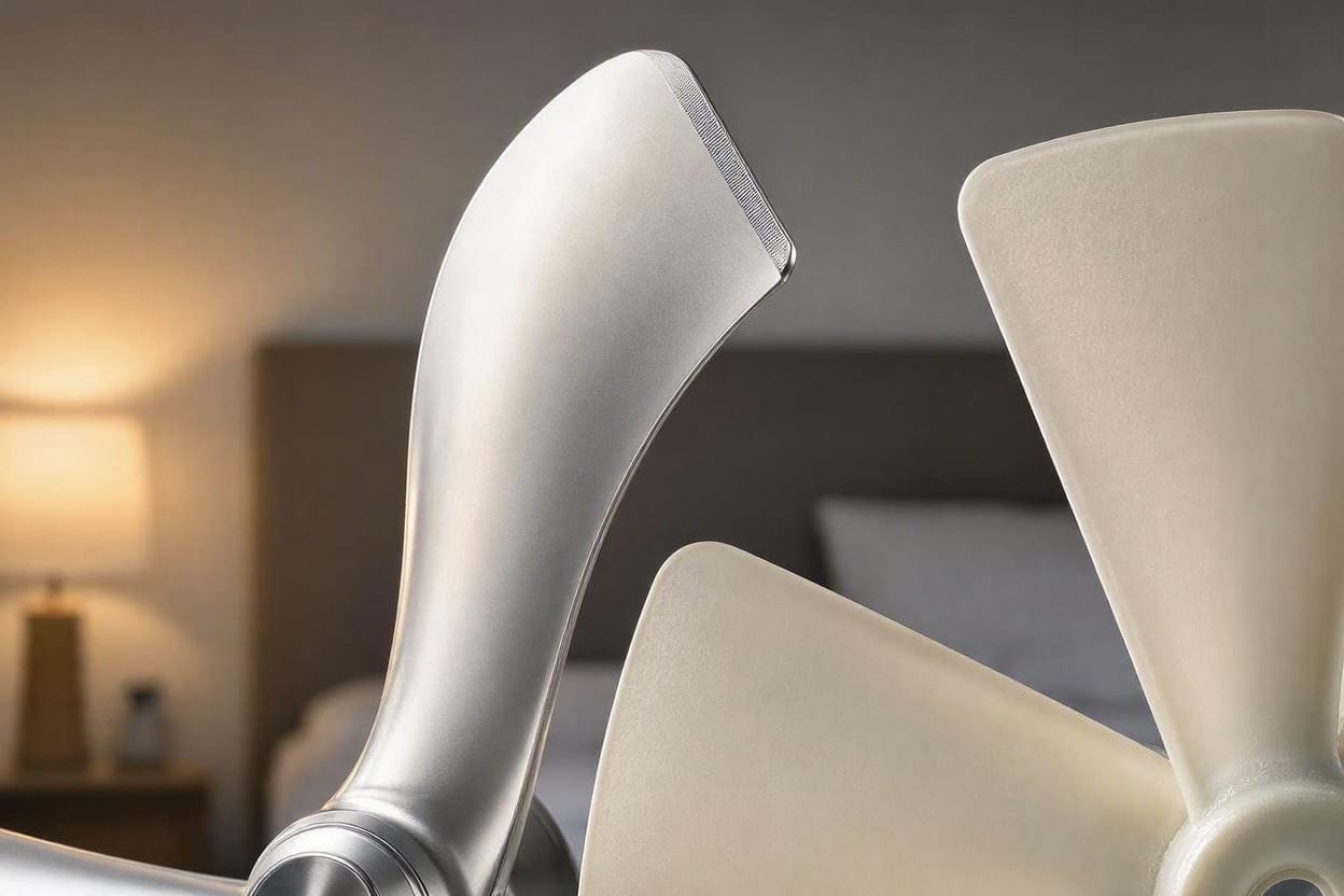 Close up of aerodynamic fan blades designed to push air silently without high-frequency wind shear