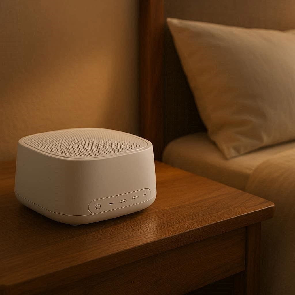 A modern white noise machine sitting on a wooden nightstand in a dark, peaceful bedroom.