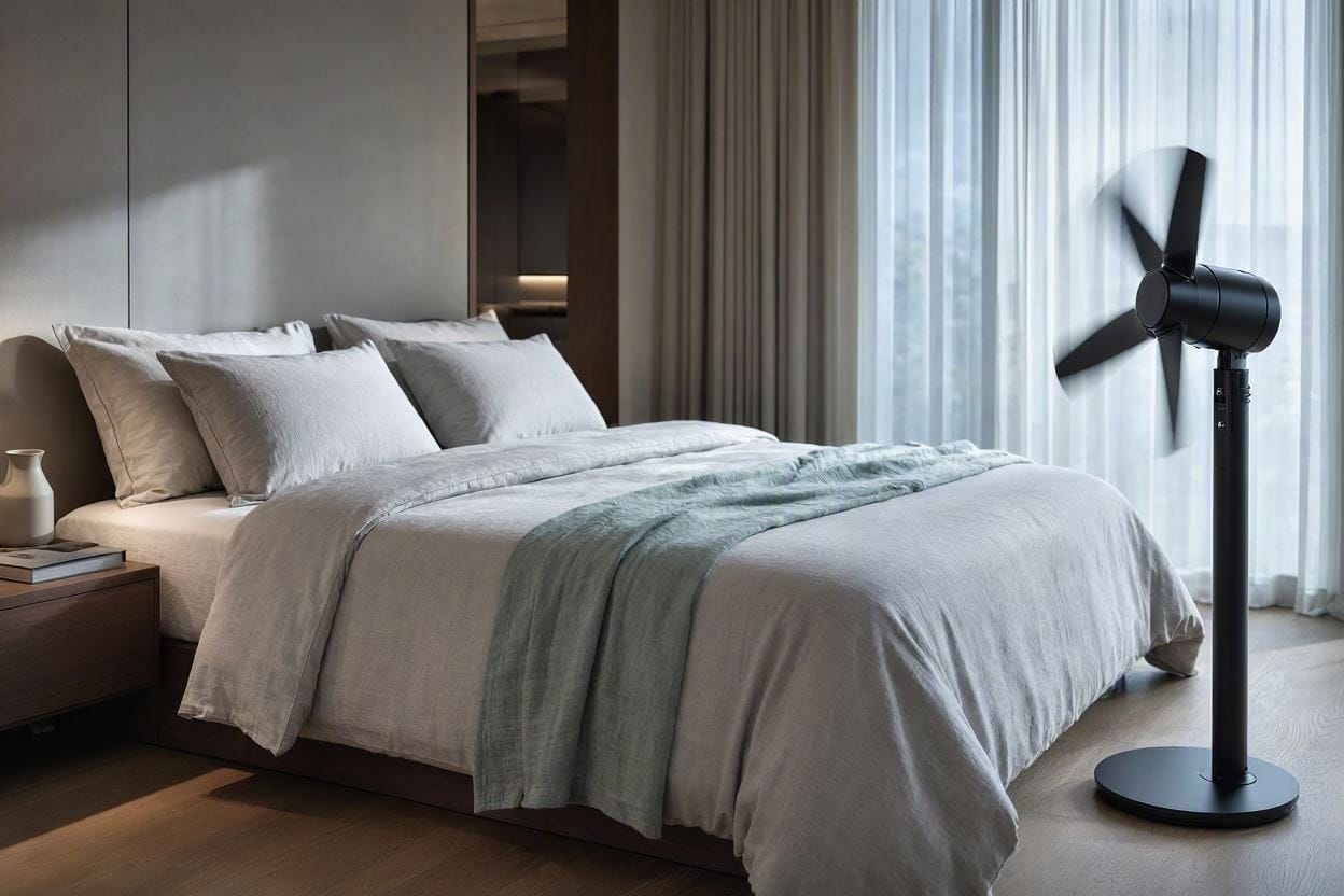 A sleek, quiet pedestal fan operating silently in a cozy bedroom at night