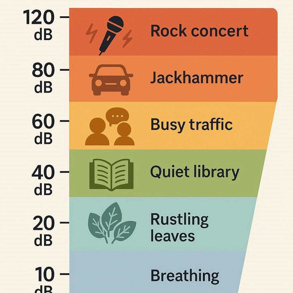 A visual representation of the decibel scale and sound waves used to measure quiet household appliances.