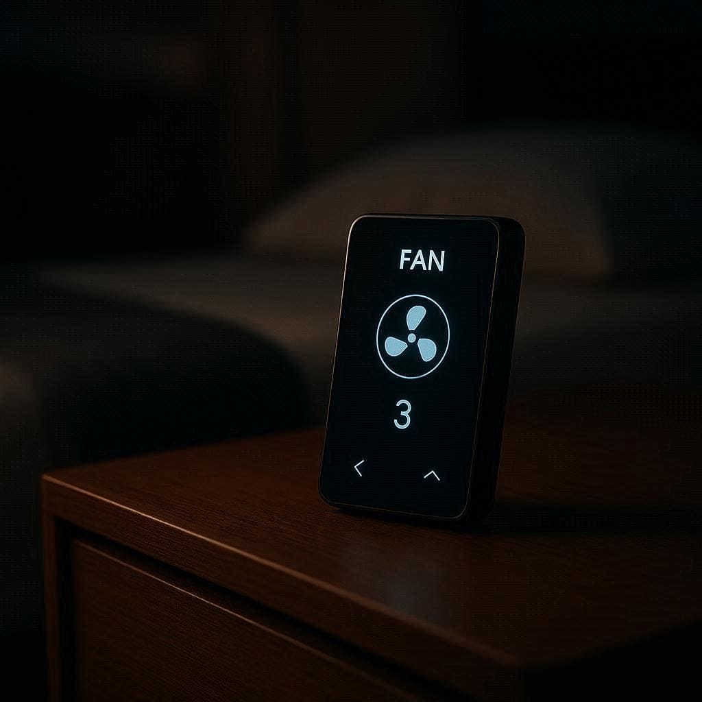 A close-up of a sleek digital fan control panel glowing softly on a wooden nightstand.