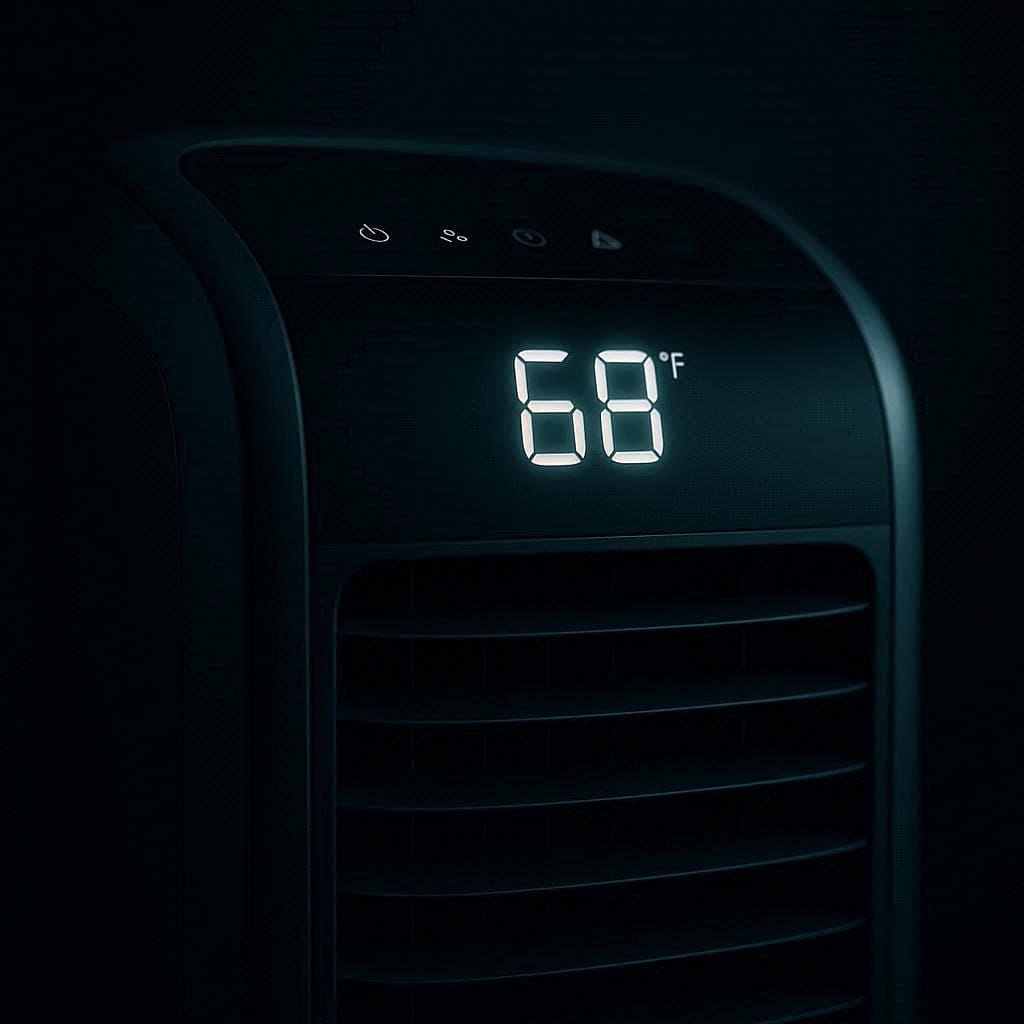 A minimalistic diagram showing a dual-hose portable AC venting hot air out of a window.