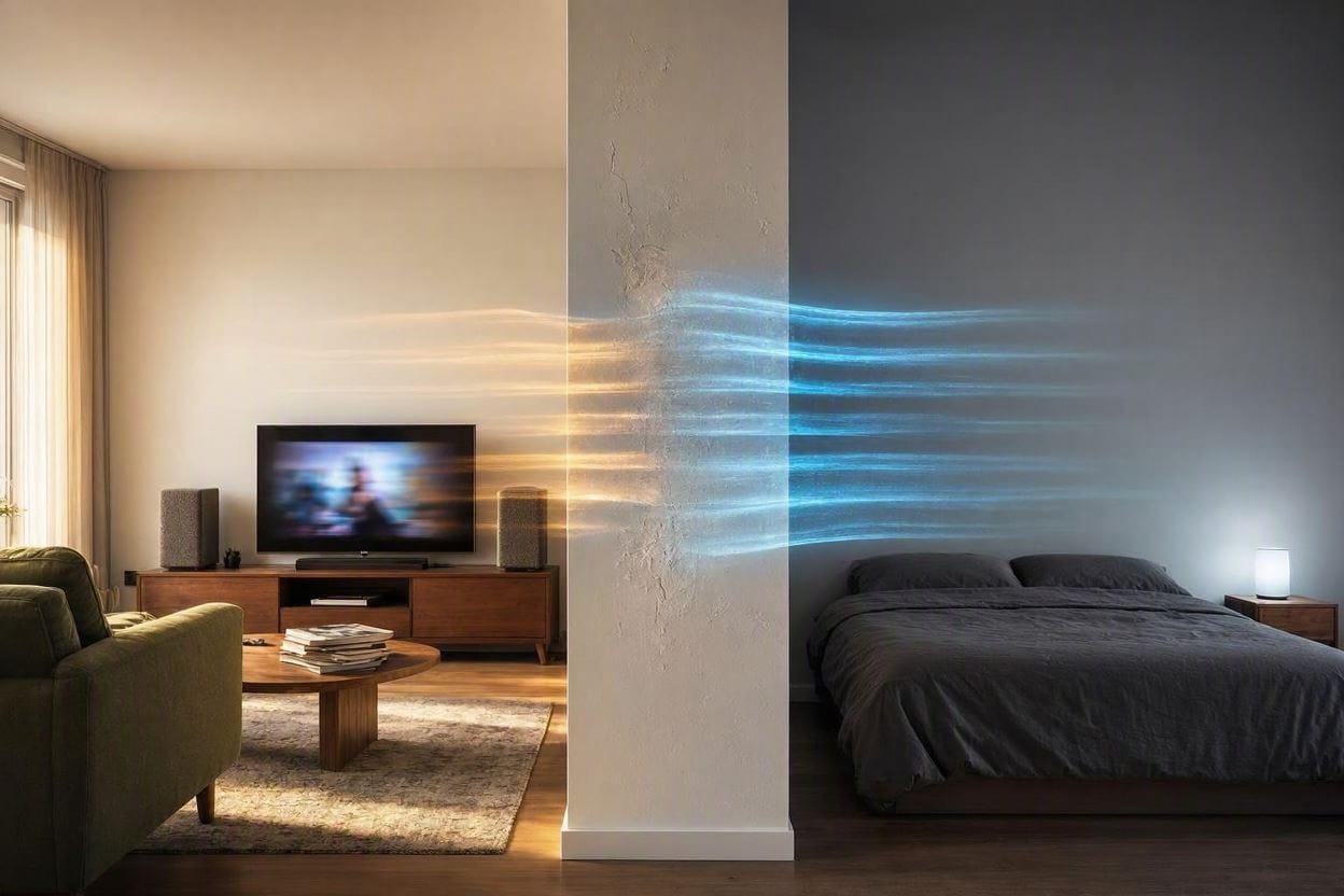 An acoustic diagram showing how kinetic sound waves travel through a solid wall partition into an adjacent room
