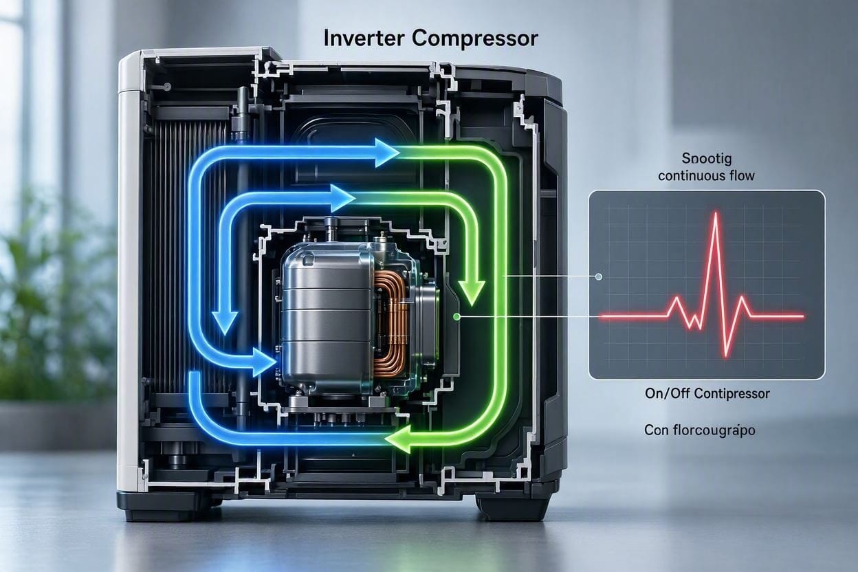 A scientific diagram showing how an inverter compressor operates smoothly to eliminate noise in a portable AC