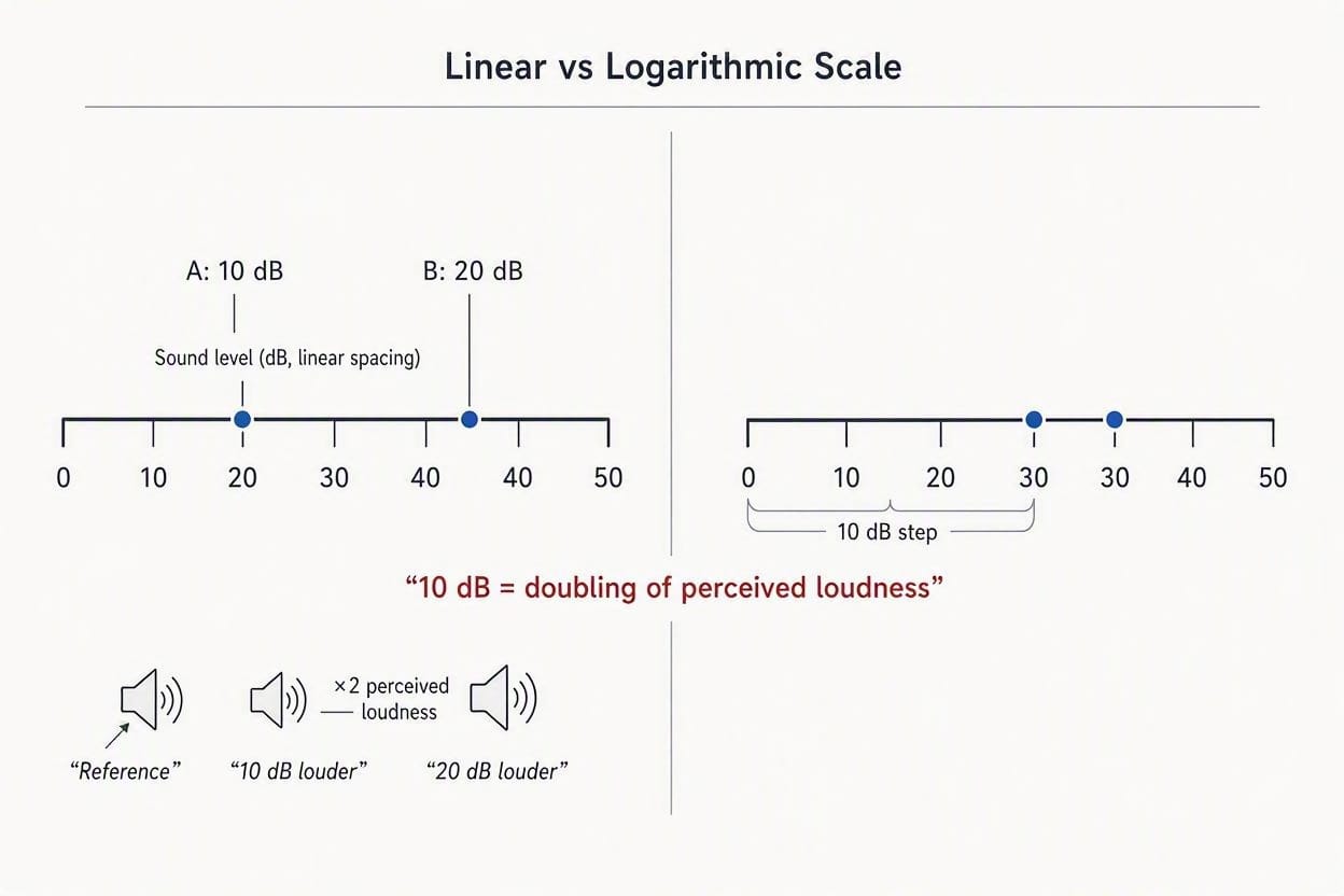 A scientific chart explaining how the logarithmic decibel scale measures perceived loudness