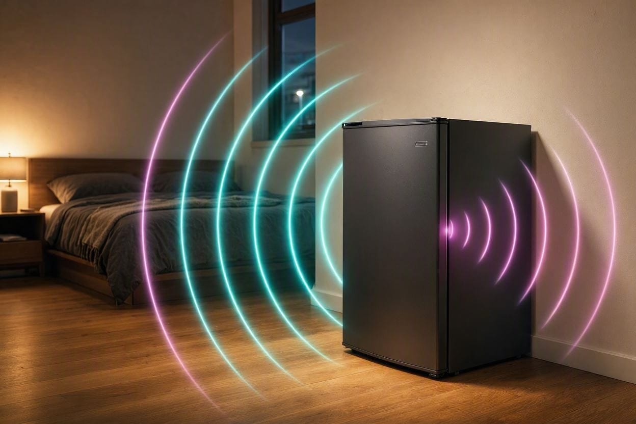 A mini fridge in a dark bedroom emitting acoustic waves, symbolizing clicking and popping noises at night