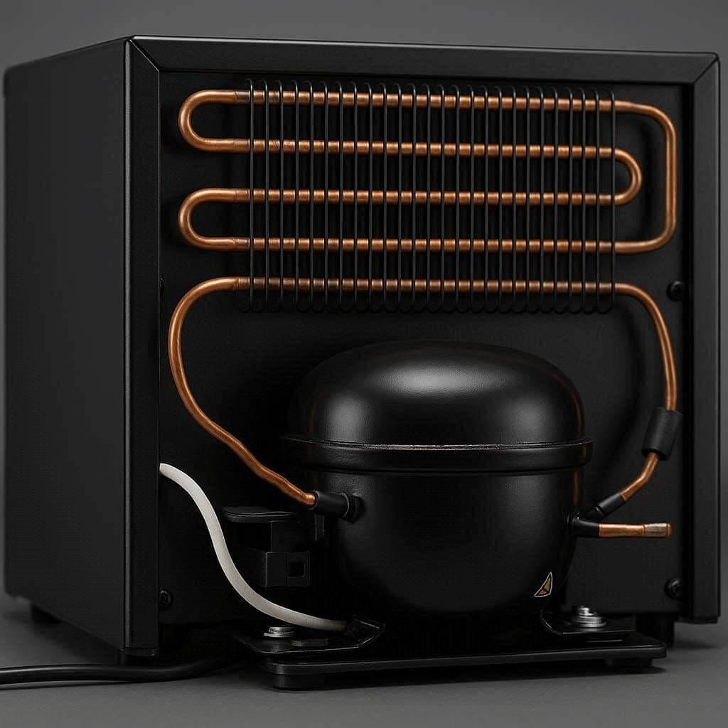 The back of a mini fridge showing the compressor and condenser coils that often cause clicking noises.