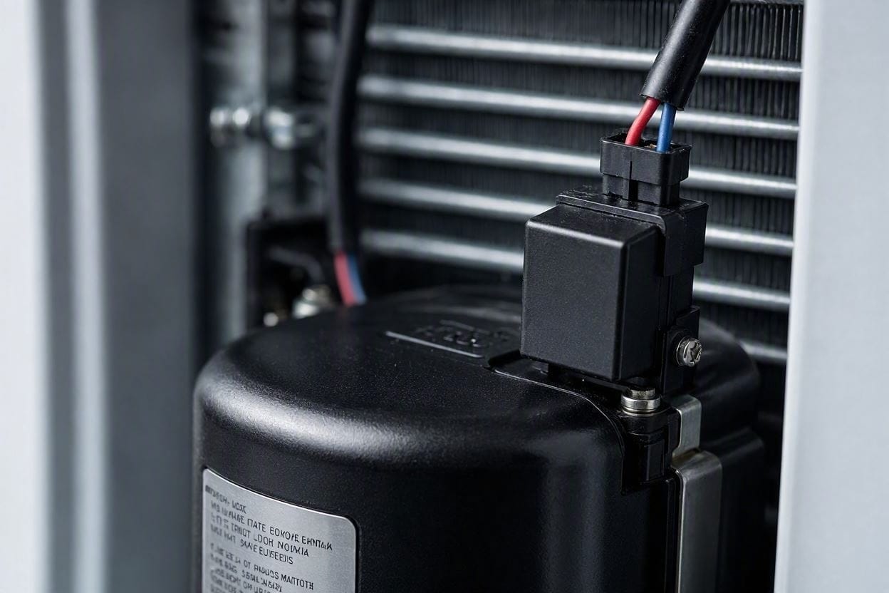 Close up of a mini fridge compressor and the PTC starter relay that causes the clicking noise