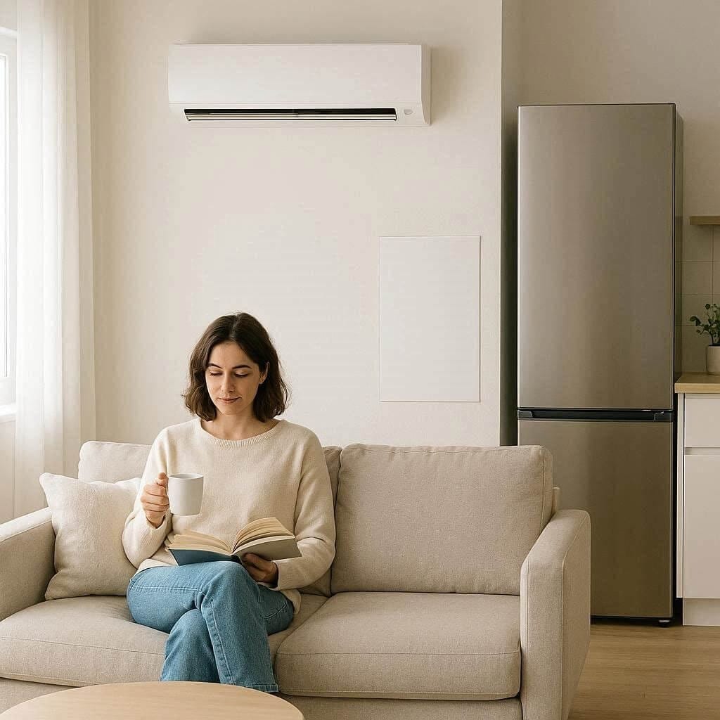 A bright, minimalist living room representing a peaceful home environment free from disruptive appliance noise.