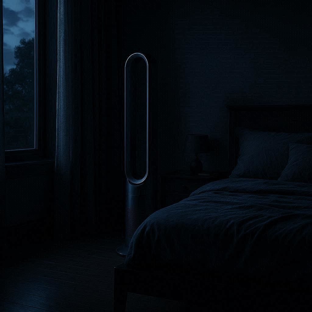 A sleek, modern bladeless tower fan standing in a dark, peaceful bedroom lit by moonlight.