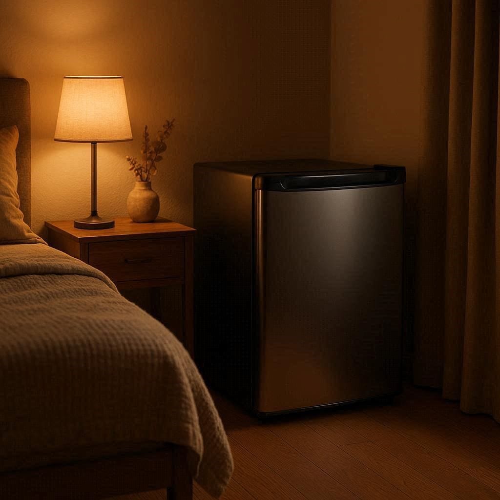 A sleek mini fridge sitting quietly in the corner of a peaceful bedroom.