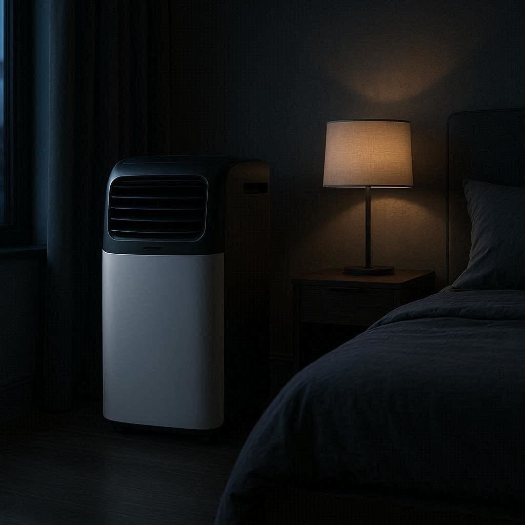A sleek, modern portable air conditioner standing quietly in the corner of a luxurious, dimly lit apartment bedroom.