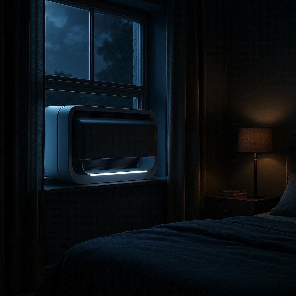 A modern, sleek U-shaped window air conditioner installed in a dark, relaxing bedroom.