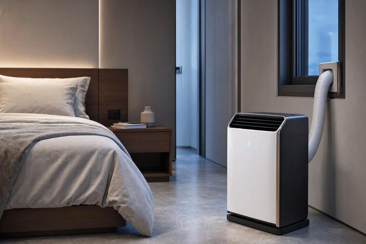 A sleek, ultra-quiet portable air conditioner running silently in a modern apartment bedroom at night