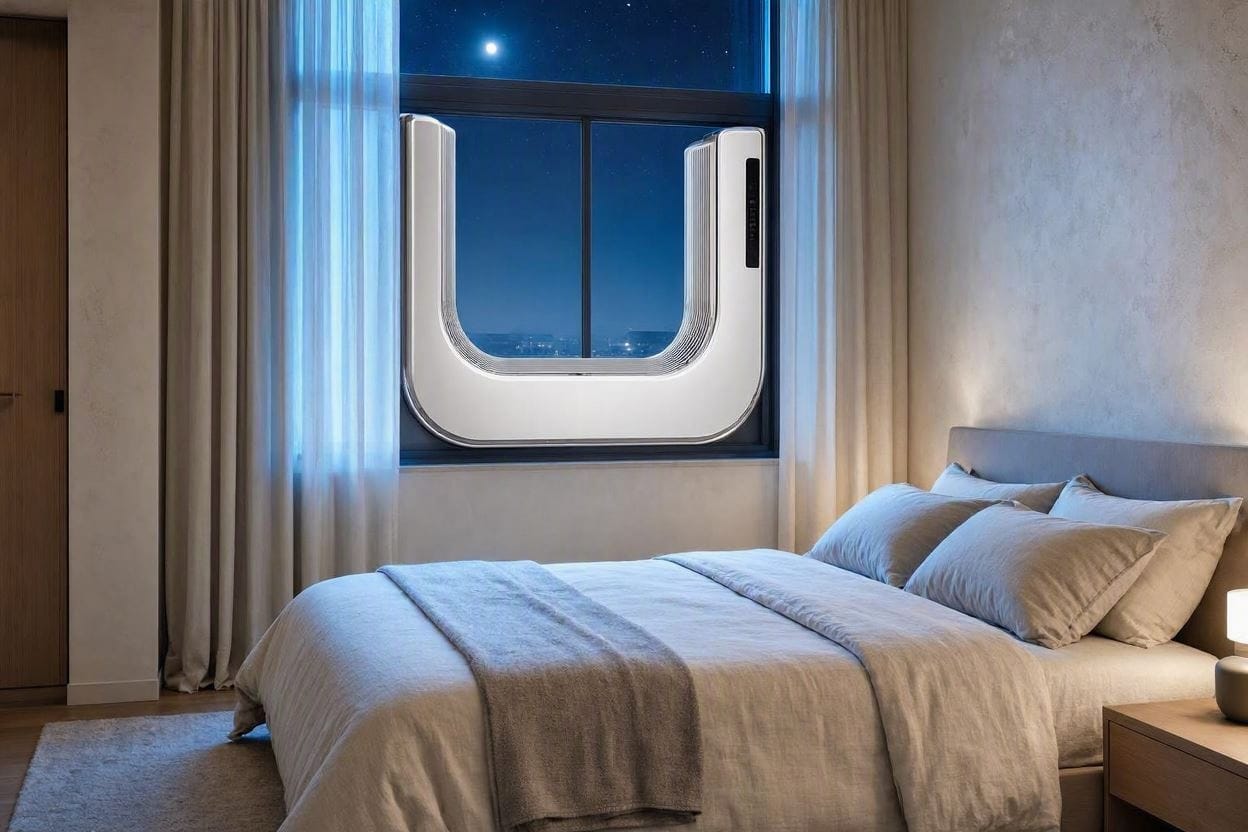A sleek, ultra-quiet window air conditioner keeping a cozy bedroom cool at night